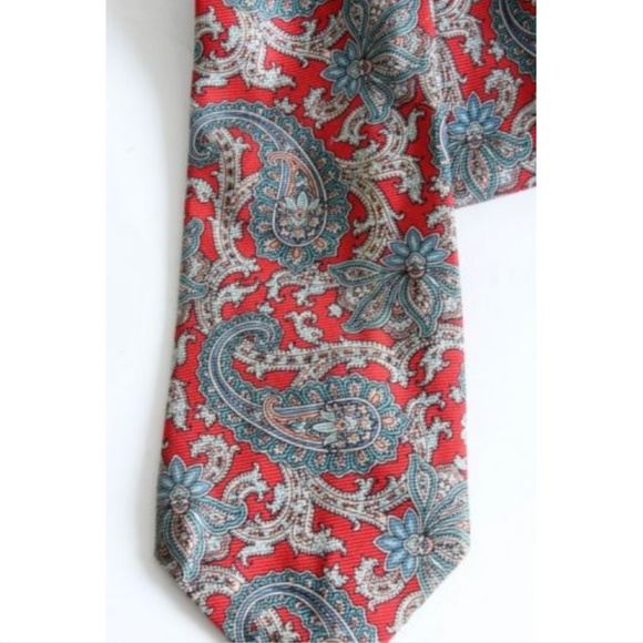 Burberrys London Mens Silk Neck Tie Paisley Print Vintage Red Gray - Picture 4 of 5